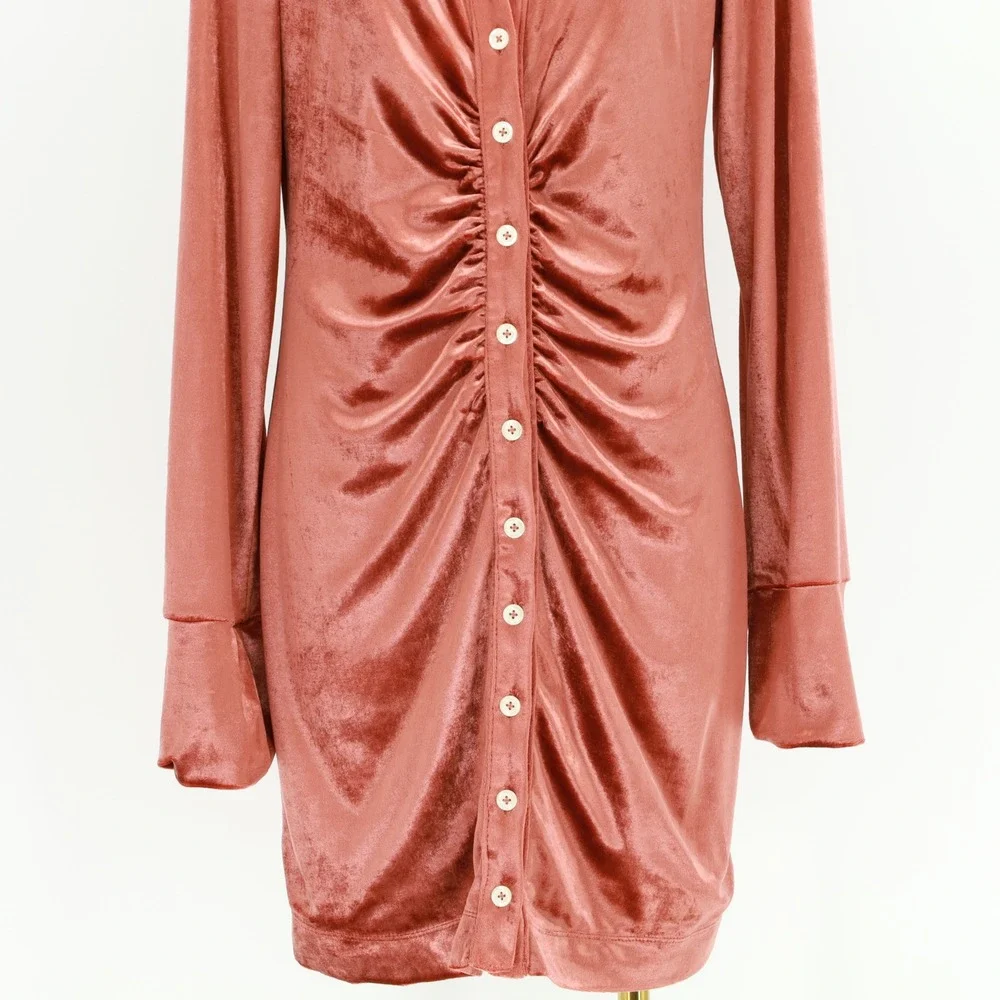 Free‎ People Shayla Velvet Ruched Button Front Mini Dress Terracotta Size Medium